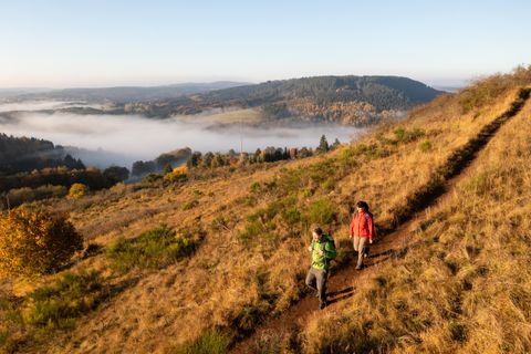 zwei Wanderer gehen auf einem schmalen Pfad einen Berg hinunter. Der Berg ist voller Laub und kahler Sträucher. Im Hintergrund weitere Berge und Nebel in den Tälern.