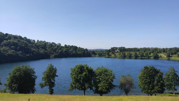 Ein ruhiger See umgeben von grünen Bäumen und sanften Hügeln. Der Himmel ist klar und strahlend blau.