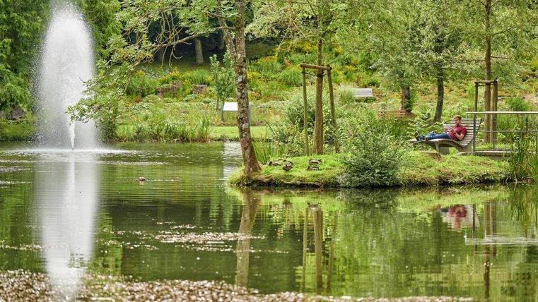 Ein ruhiger Teich mit einem springenden Wasserstrahl und umgebenden Bäumen. Im Vordergrund sitzt eine Person auf einer Bank und beobachtet die Landschaft.